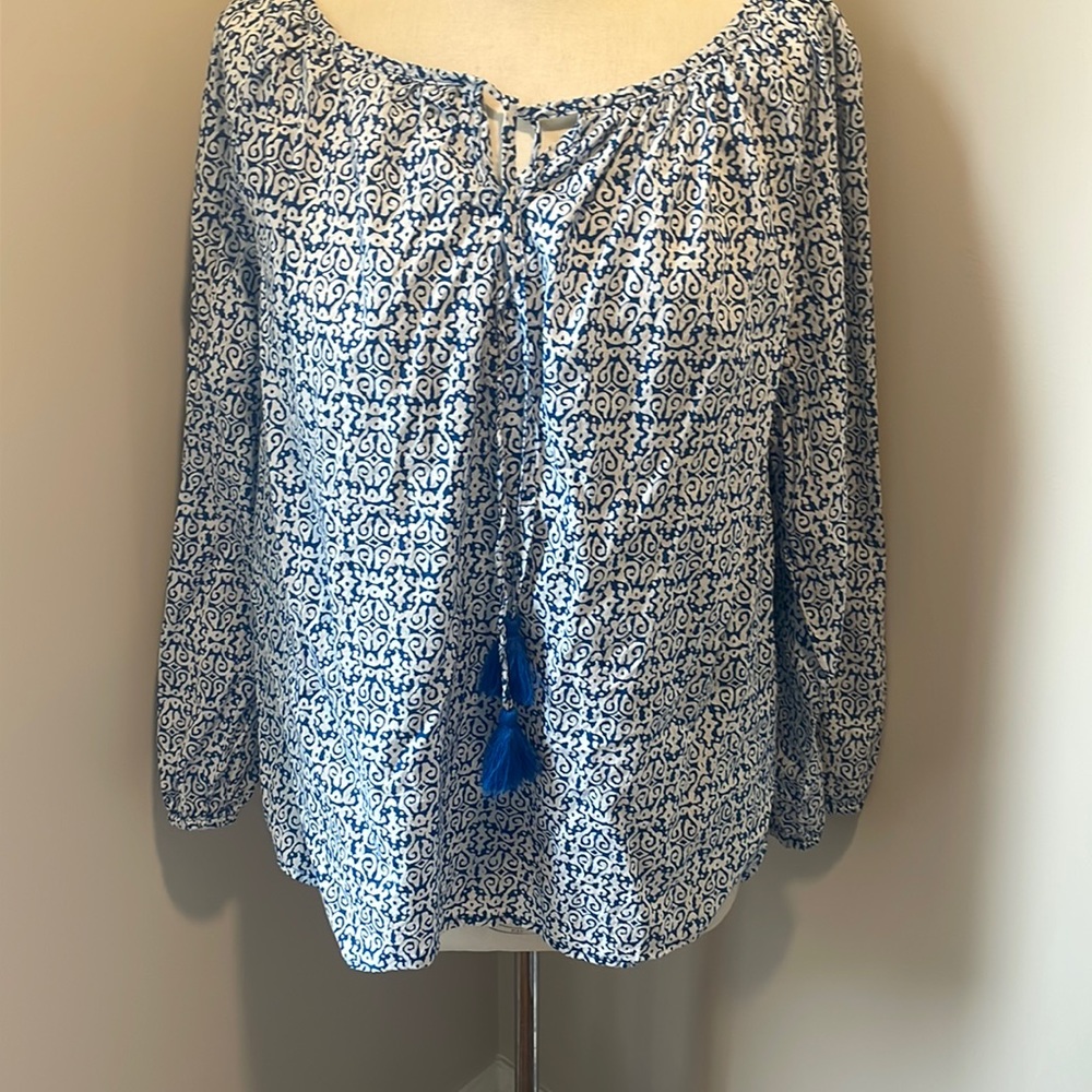 RE-Imagined by J. Crew, Women’s blue white keyhole-tassel tie neck blouse